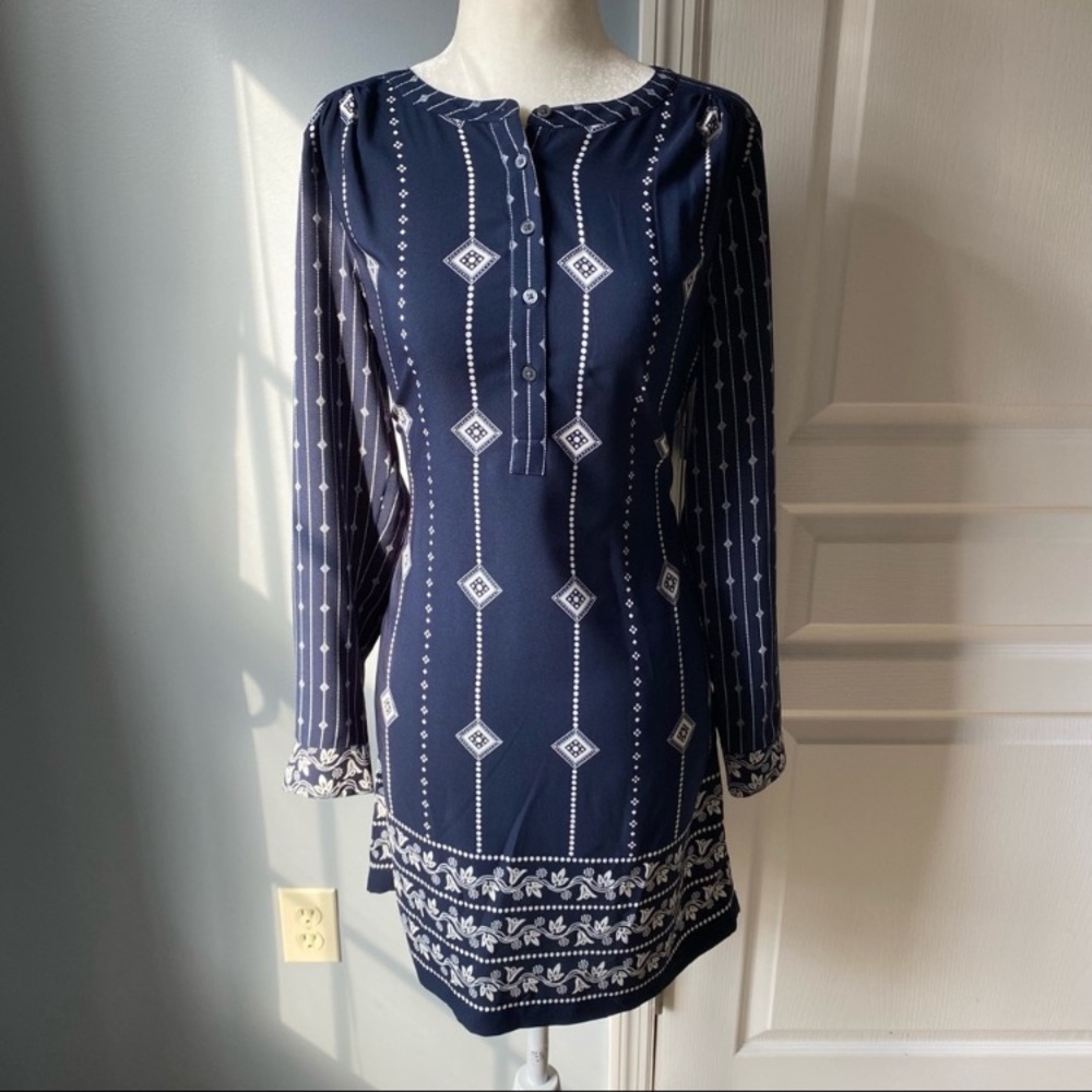 LOFT Navy and White Geometric Long Sleeve Dress